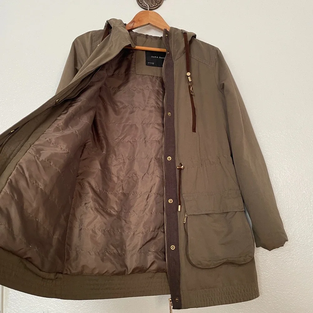 Zara‎ Basic Olive Green Hooded Utility Parka Jacket Quilted Lining Small